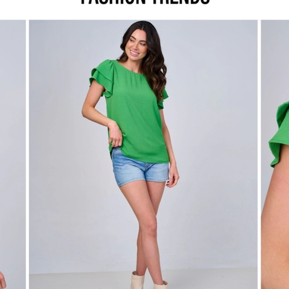 12 Green Women's Double Ruffle Sleeve Top